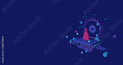 Pink Christmas tree on a pedestal of abstract geometric shapes floating in the air. Abstract concept art with flying shapes on the right. 3d illustration on indigo background