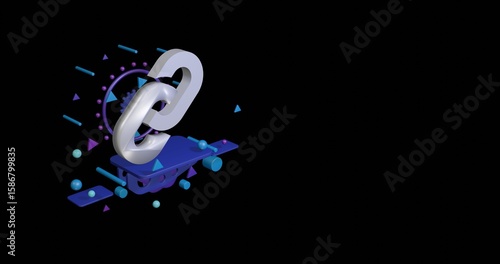 White chain symbol on a pedestal of abstract geometric shapes floating in the air. Abstract concept art with flying shapes on the left. 3d illustration on black background