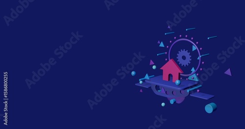 Pink kennel symbol on a pedestal of abstract geometric shapes floating in the air. Abstract concept art with flying shapes on the right. 3d illustration on indigo background