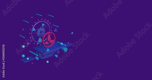Pink ecology symbol on a pedestal of abstract geometric shapes floating in the air. Abstract concept art with flying shapes on the left. 3d illustration on deep purple background