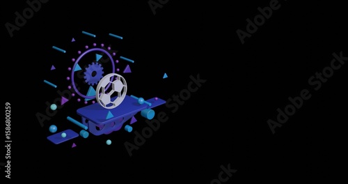 White football symbol on a pedestal of abstract geometric shapes floating in the air. Abstract concept art with flying shapes on the left. 3d illustration on black background