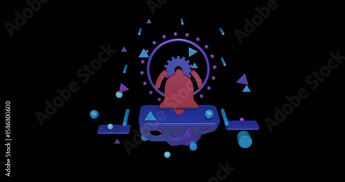 Red bell symbol on a pedestal of abstract geometric shapes floating in the air. Abstract concept art with flying shapes in the center. 3d illustration on black background