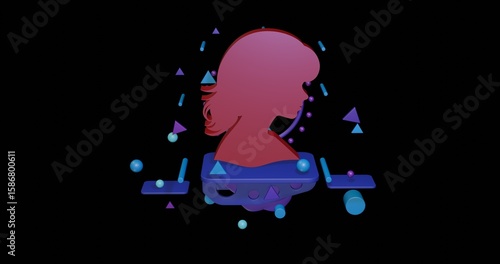 Red woman face profile symbol on a pedestal of abstract geometric shapes floating in the air. Abstract concept art with flying shapes in the center. 3d illustration on black background