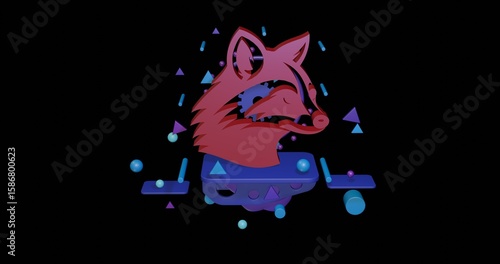 Red raccoon head symbol on a pedestal of abstract geometric shapes floating in the air. Abstract concept art with flying shapes in the center. 3d illustration on black background