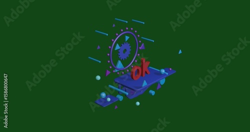 Red ok symbol on a pedestal of abstract geometric shapes floating in the air. Abstract concept art with flying shapes in the center. 3d illustration on green background