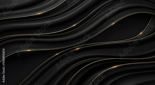 Abstract black silk waves with elegant golden lines and dots, luxurious design background.