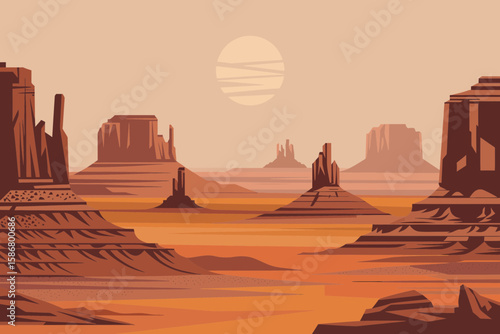 Illustration of a desert landscape with mesas, buttes, and a sun or moon in a muted color palette.