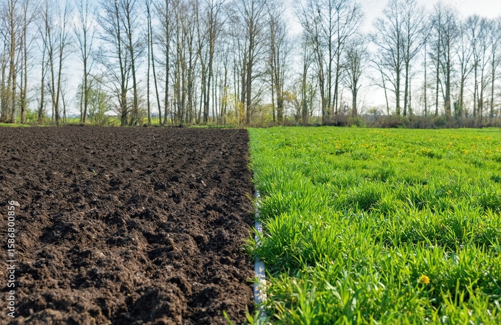 Obraz premium Freshly tilled soil awaits spring planting, contrasting with rich green field. Dark earth texture shows fertile ground for vegetables, herbs, crops. Bare trees line distant horizon. Natural growth