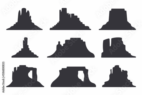 A graphic illustration of nine different silhouette designs of mesas and buttes, arranged in a grid pattern.