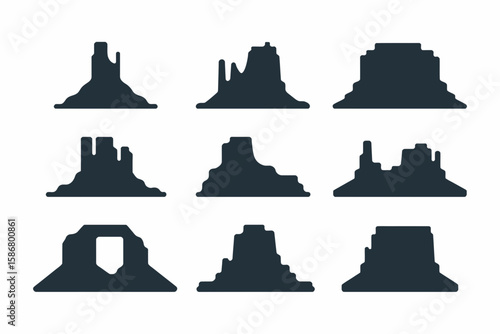 Silhouette illustrations of various desert rock formations and buttes against a white background, showcasing different shapes and profiles.