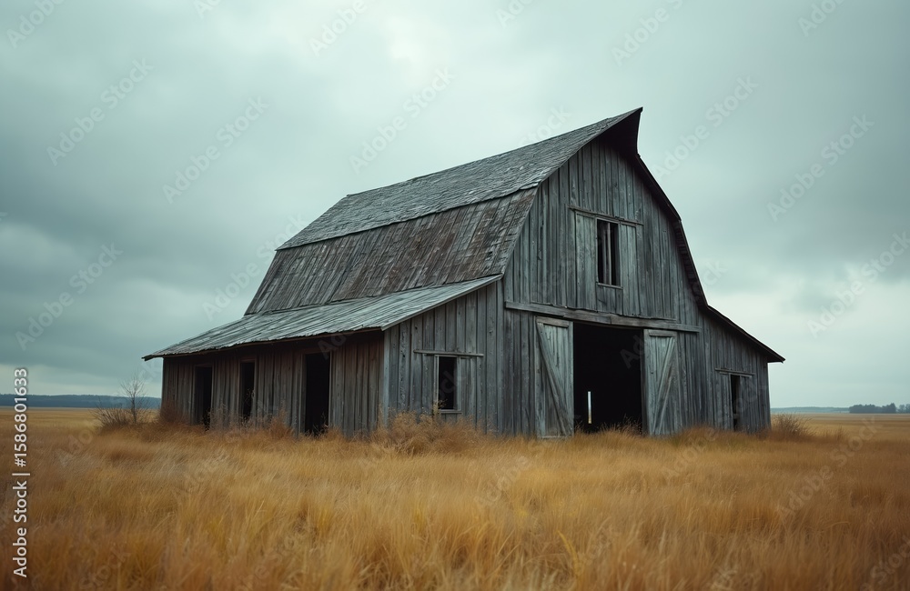 Old weathered wooden barn stands abandoned in field of dry yellow grass under overcast sky. Rustic rural structure shows signs of decay, neglect, evoking sense of history, solitude in countryside. Old weathered wooden barn stands abandoned in field of dry yellow grass under overcast sky. Rustic rural structure shows signs of decay, neglect, evoking sense of history, solitude in countryside.