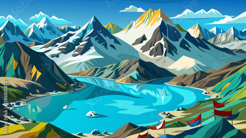 Gokyo Lakes, Solukhumbu District, Nepal – Turquoise glacial lakes reflect the snow-covered Himalayas. Rugged trails and prayer flags flutter near icy edges, giving a spiritual and untouched vector app