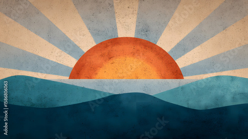 
A stylized sun rising over a flat horizon line, clean vector design with muted tones
