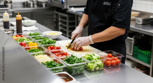 Chef in gloves chopping red bell pepper with fresh ingredients in clear containers kitchen food preparation