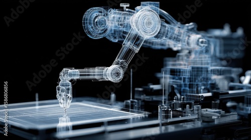 Wireframe robotic arm carefully positions material on printing base, demonstrating precision engineering in piezo actuator fabrication on a dark background