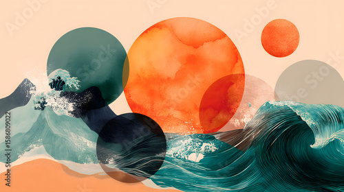 Circular composition of sun, waves, and sand drawn with geometric curves