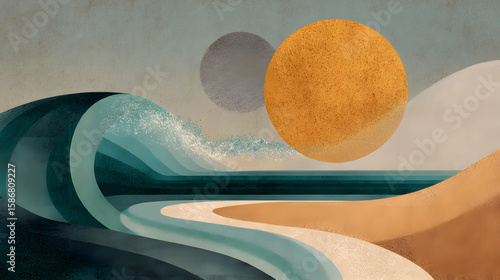 Circular composition of sun, waves, and sand drawn with geometric curves