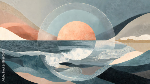 Circular composition of sun, waves, and sand drawn with geometric curves