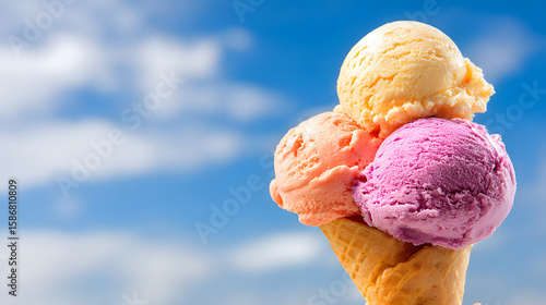 Three scoops of melting ice cream in a cone