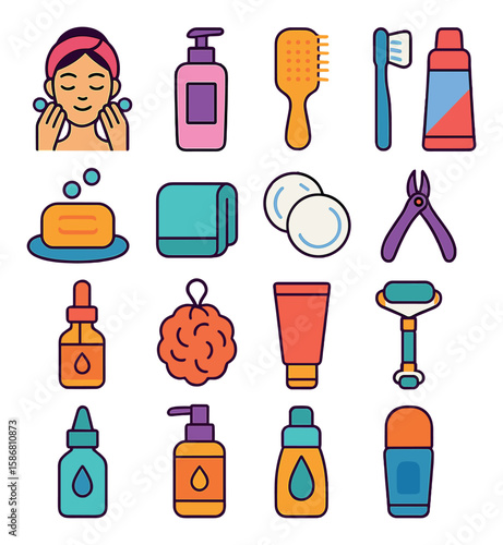 Daily wellness icon collection. self-care routine flat icons: soap, lotion, toothpaste, comb, oil, razor