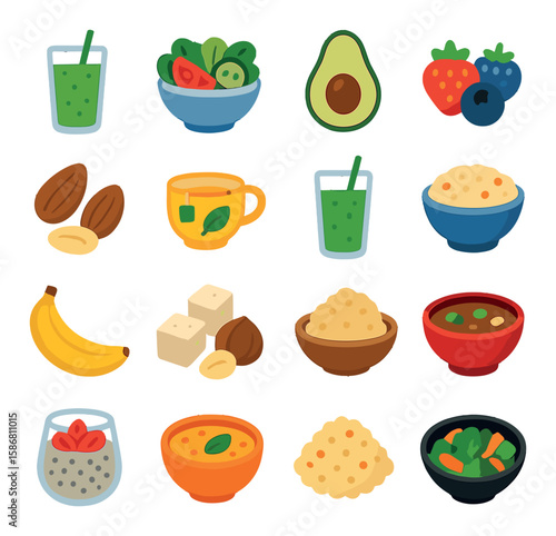 Healthy food icon collection: colorful simple fruits, vegetables, smoothies, nuts, grains