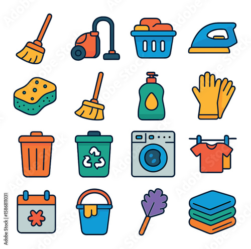 Chores icon collection. modern housekeeping flat icons: broom, vacuum, laundry, iron, detergent, gloves