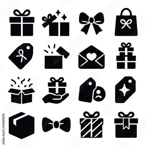 Gift icons collection. present, tag, bow, bag, box silhouette icons. simple gift