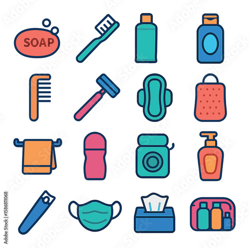 Hygiene essentials icon collection: simple personal care, soap, towel, razor, sanitizer, flat