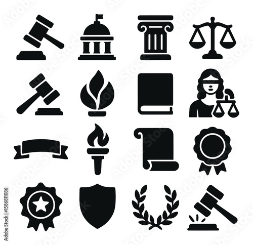 Judicial icon collection: legal symbols silhouette style. gavel, scale, torch, court, badge