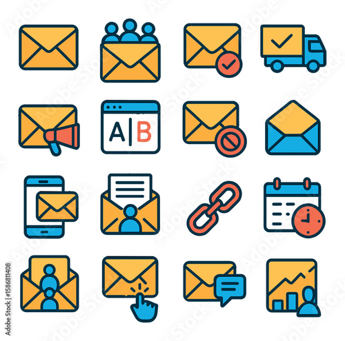 Email marketing icon collection: simple linear style icons. envelope, compose, send, link, calendar