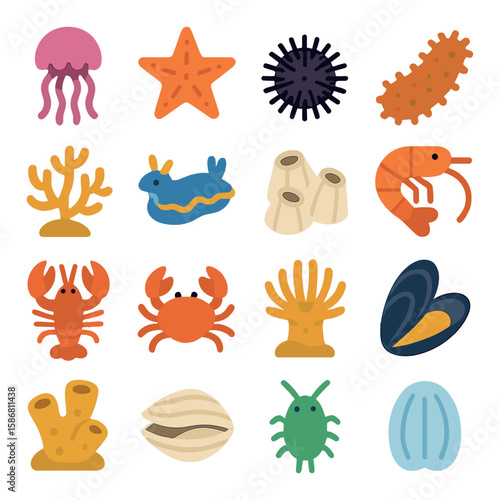 Marine life icon collection. simple vibrant sea creatures. jellyfish, starfish, coral, crab, lobster, mussel, seaweed