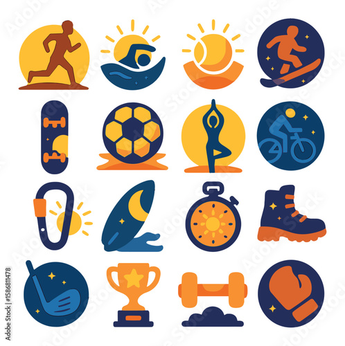 Celestial sports icon collection: simple flat icons for running, swimming, yoga, cycling, and more