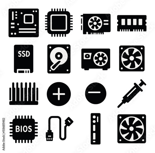 Hardware icon collection. simple hardware silhouette elements. cpu, ssd, ram, bios,