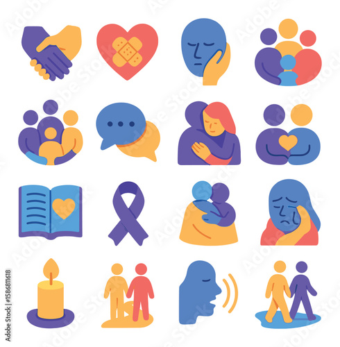Grief support icon collection. simple emotional comfort symbols. hands, heart, candle, ribbon, hug