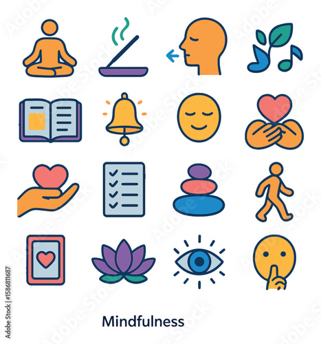 Mindfulness icon collection. wellness, relaxation, meditation, zen, yoga, calm flat