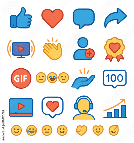 Social media icon collection. simple linear set: like, heart, comment, share, emoji, badge, video, user