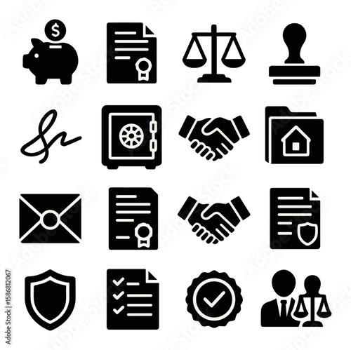 Legal trust icon collection. simple silhouette icons: piggy bank, scale, contract, lock, shield, handshake