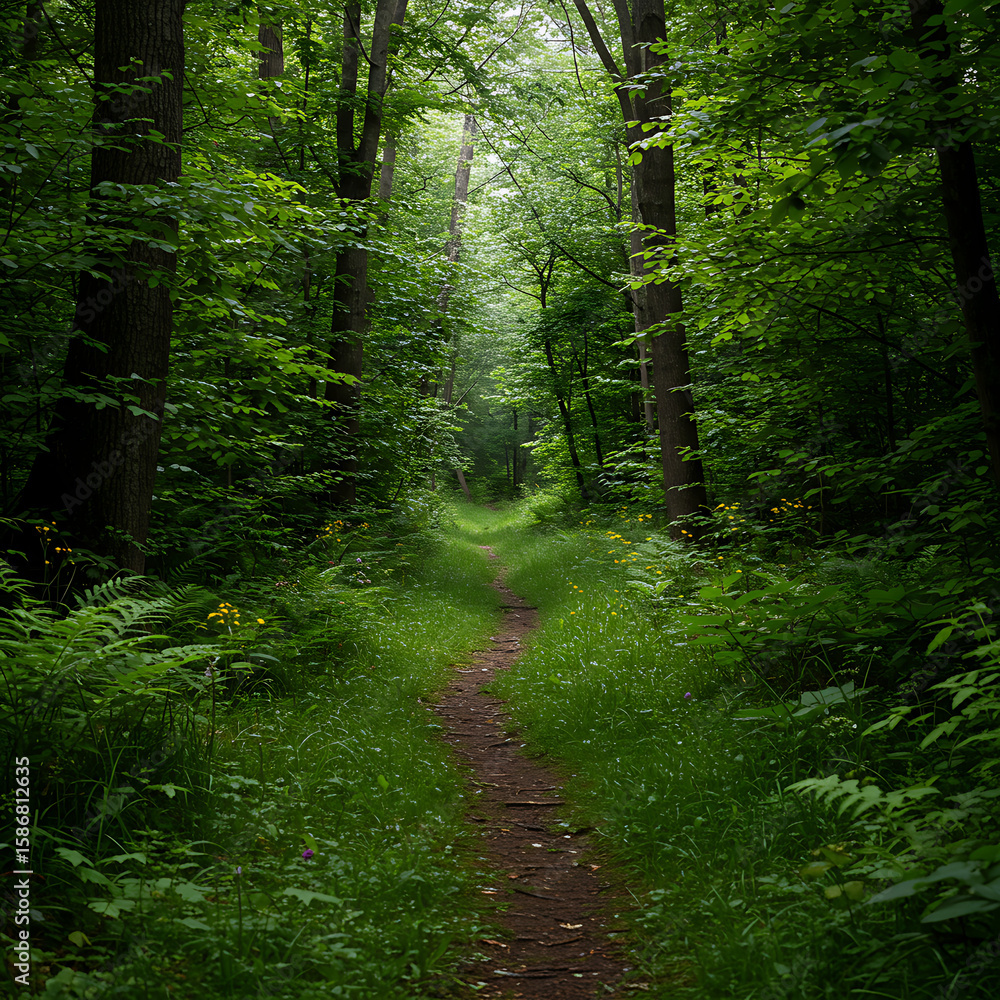 Fototapeta premium Winding dirt path through a lush, vibrant green forest, surrounded by tall trees and dense foliage, evoking nature's tranquility.
