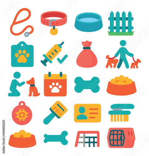 Pet care icon collection. essential pet supply flat icons: leash, bowl, collar, vaccine, bone, grooming, walk, crate, treats, flat