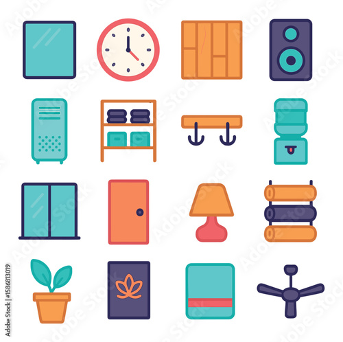 Yoga studio essentials icon collection. simple compose: mat, clock, plant, towel, speaker