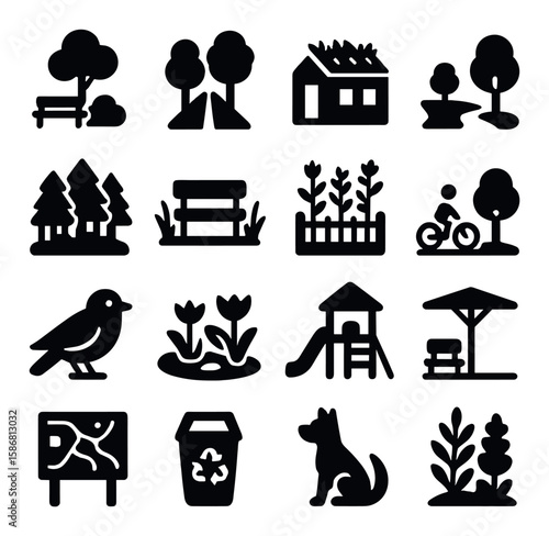 Urban green space icon collection. simple park, tree, playground, bird, recycling, dog, planter