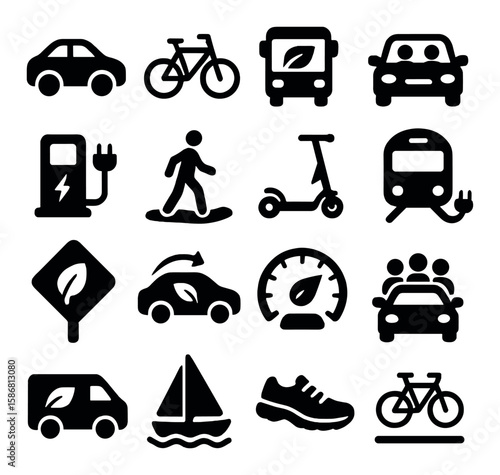Eco transportation icon collection. electric, bicycle, car, bus silhouette icons. scooter, train, walking, sailboat, pedestrian, eco sign
