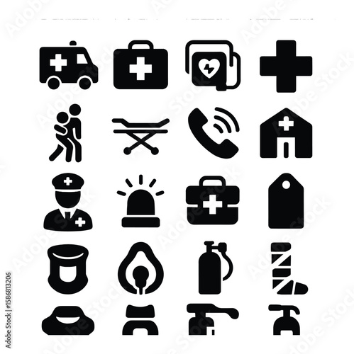Emergency icon collection: simple silhouette medical, ambulance, first aid, alert,
