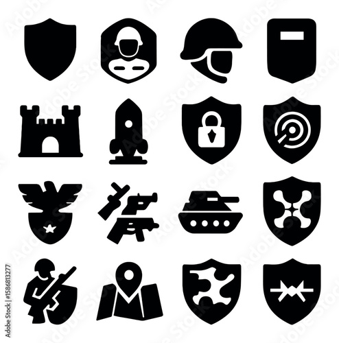 Military icon collection. defense silhouette icons: shield, helmet, soldier, castle, tank