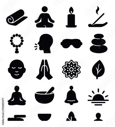 Mindfulness icon collection: simple meditation silhouettes. yoga, candle, lotus, prayer, wellness