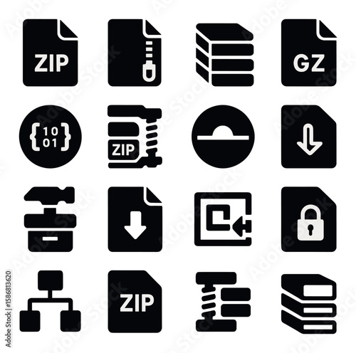 Data compression icon collection. file zip, gz, lock, binary silhouette icons. compression, download, archive, folder, lock