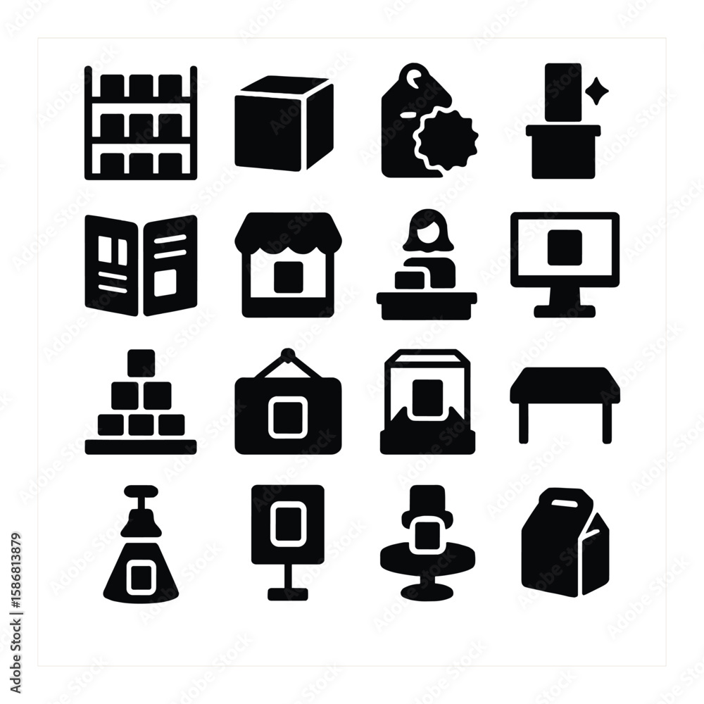 Product display icon collection. retail, shopping, linear. shelf, tag, store, monitor, desk Product display icon collection. retail, shopping, linear. shelf, tag, store, monitor, desk