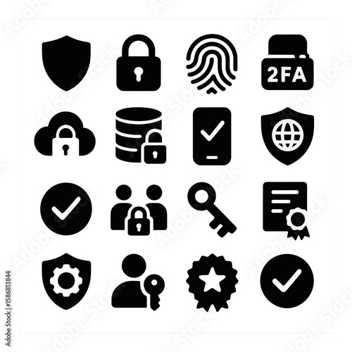 Technology security icon collection. simple security, shield, lock, key, 2fa, cloud, fingerprint, database, certificate