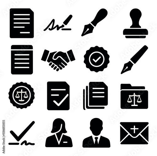 Legal icon collection. simple silhouette law, justice, contract, agreement, court, signature, document, pen, seal, balance, email
