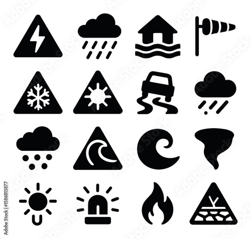 Weather alert icon collection. simple silhouette style. lightning, rain, flood, wind, snow, storm, tornado, fire,